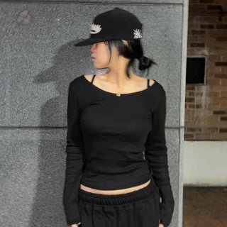 Summer Y-Neck V-Slit Neckline Ribbed Crop Long Sleeve Tee