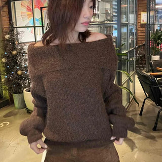 Soft Angora Slash Neck Puff Sleeve Knit