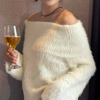 Fuzzy Angora Off-Shoulder Crop Knit