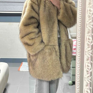Fluffy Texture Round Neck Pocket Midi Fur Coat