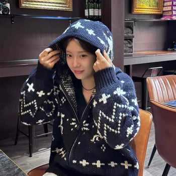 Vintage Embroidered Hooded Knit Zip-Up Jumper