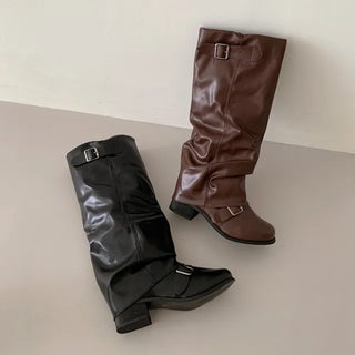 ◈Recommended by Hobby◈Big Size◈Buckle Warmer Long Boots Biker Pleated Vintage Unique High-top Spring Autumn Winter Boots