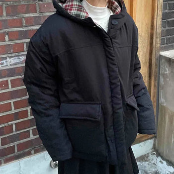 Check Contrast Hood Pocket Oversized Short Padded Jacket