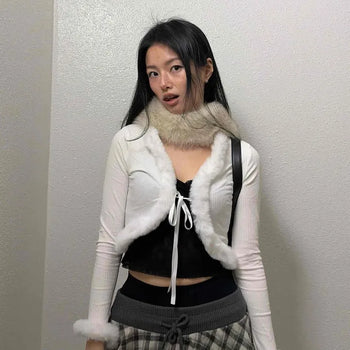 Fur-trimmed ribbon cropped cardigan