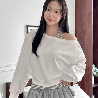 Halter Stripe Off-Shoulder Loose Fit Sweatshirt