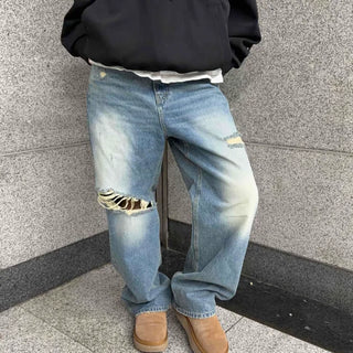 Vintage Washed Crush Distressed Loose Fit Denim Pants