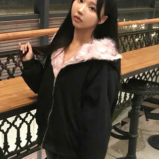 Reversible Two-Tone Color Block Fur Collar Zip-Up Jumper