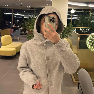 Full-button Hooded Knit Cardigan