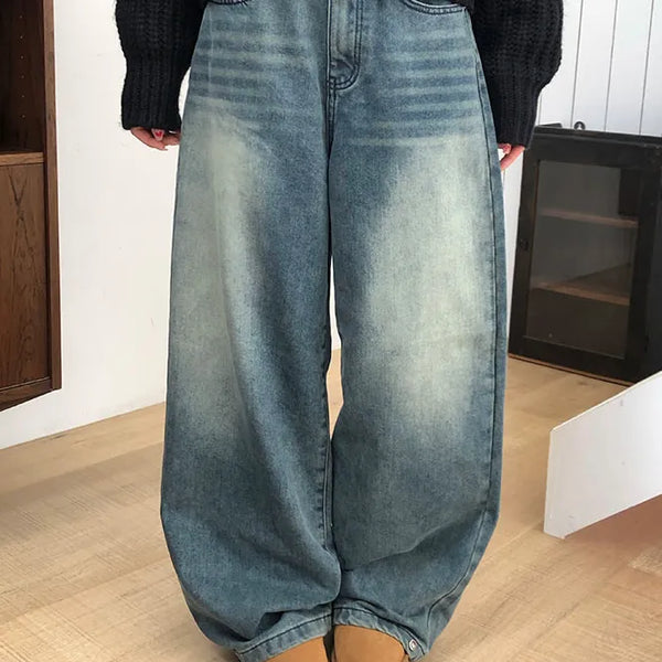 Snuggle Brushed Washed Wide Denim Pants Washed Jeans/Unique/Snap Hem/Brushed Jeans