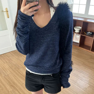 [Fleece-lined] Striped Fleece V-neck Knit Tee 3 Colors