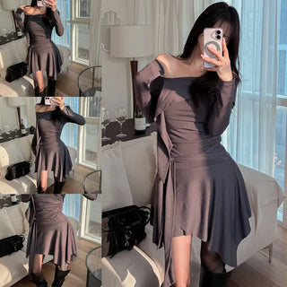 Stripe Asymmetrical Off-Shoulder Dress
