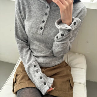 Cotton Button Knit Slim Sleeve Slit Hoodie