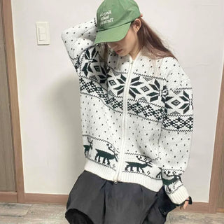 Snowflake Loose Fit Knit Zip-Up Jumper