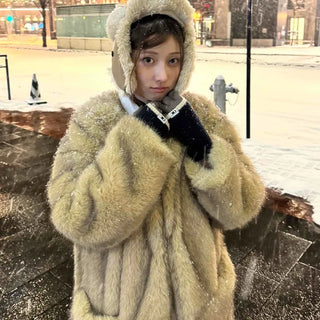 Teddy Hood Balloon Sleeve Long Eco-fur Coat