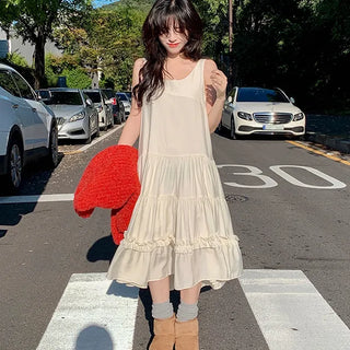 Nukovi Frill Tiered Long Dress Layered Shirred Sleeveless Long Skirt Spring Autumn