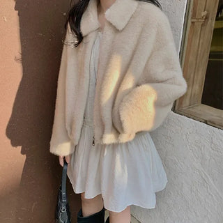 Boari Mink Fur Short Jacket Hairy Pine Needle Mohair Loose Fit Crop Zip-Up Jumper Short Coat Winter