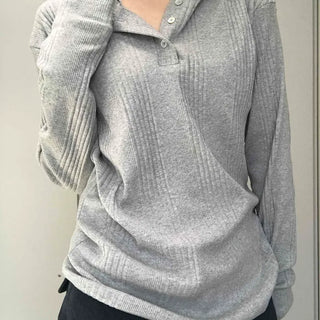 Button Neck Hooded Ribbed Knit