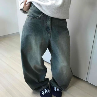Two-tone washed balloon loose-fit denim long pants