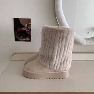 ◈Coupon◈No Extra Fee◈Platform Mink Fur UGG Boots Suede Faux Fur Leg Warmers Unique Mid-calf Boots Long Boots Fur Shoes Platform Boots