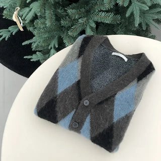 Piece Argyle V-Neck Wool Cardigan