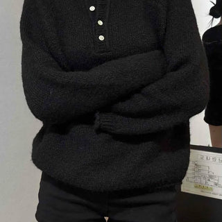 Basic Button Round Neck Voluminous Sleeve Knit
