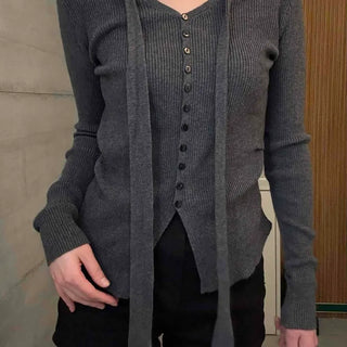 Ribbon Tie Front Button Ribbed Long Sleeve Knit T-shirt