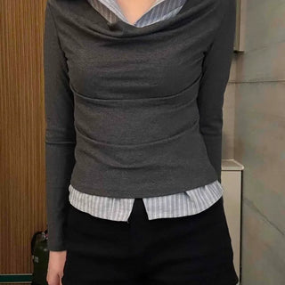 Drape Neck Striped Layered Slim Long Sleeve Tee