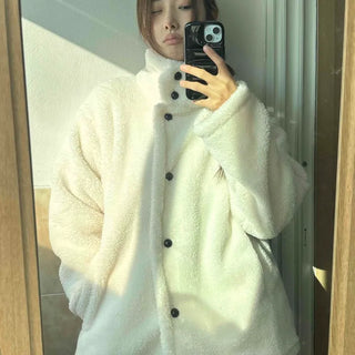 Heathered Fluffy Shearling Drop Shoulder Balloon Fit Coat