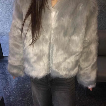 Soft Angora Touch V-Neck Zip-Up Faux Fur Jacket