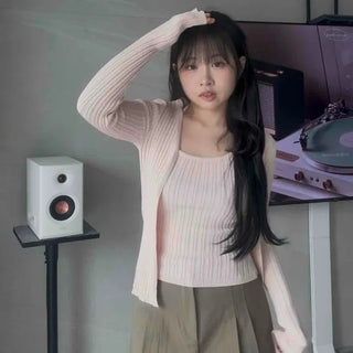 Delicate Fit Ribbed Knit Cardigan Crop Two-Piece Set