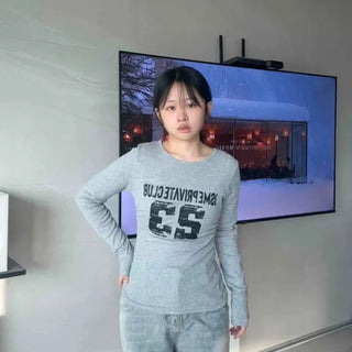 Denim Color Campus Embossed Numbering Round Long Sleeve Tee