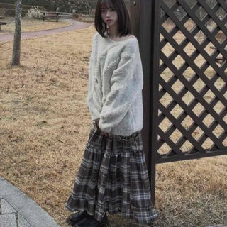 Retro Glen Check Pleated Elastic Waist Long Skirt