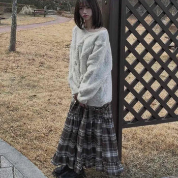 Retro Glen Check Pleated Elastic Waist Long Skirt