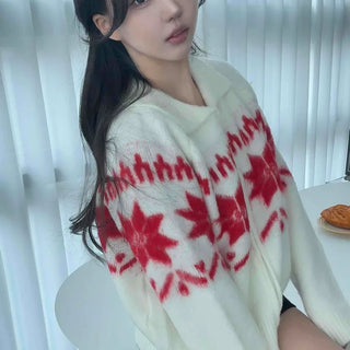 Winter Snowflake Fair Isle Loose Fit Zip-Up Knit