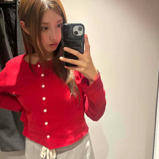Puff Sleeve Pearl Button Loose Fit Knit Cardigan