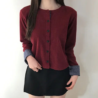 Giselle Check Layered Color Block Brushed Knit Cardigan