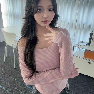 Delicate Fit Ribbed Square Neck Crop Long Sleeve T-shirt