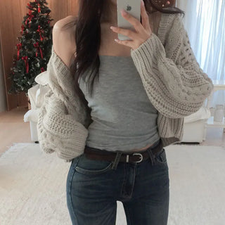 Latey Cable V-Neck Crop Knit Cardigan