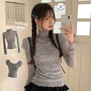 Guaranteed Beauty, Soft Wavy Mock Turtleneck Long Sleeve T-shirt + Peach Fleece-Lined U-Neck Short Sleeve Knit Layered Two-Piece Set