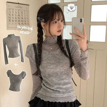 Guaranteed Beauty, Soft Wavy Mock Turtleneck Long Sleeve T-shirt + Peach Fleece-Lined U-Neck Short Sleeve Knit Layered Two-Piece Set