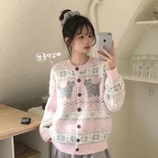 Full of cuteness, thick and cozy round neck snowflake cat Nordic Avant-garde loose fit baby pink wool knit cardigan