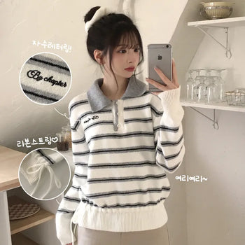 Full of cuteness, Contrast Collar Button Stripe Lettering Embroidery String Ribbon Strap Avant Loose Fit Long Sleeve Knit