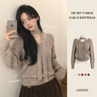 Feminine Mood, Thick Wool V-Neck Cable Knit Avant-garde Loose Fit Choker Tie Set Long Sleeve Knit