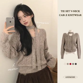Feminine Mood, Thick Wool V-Neck Cable Knit Avant-garde Loose Fit Choker Tie Set Long Sleeve Knit