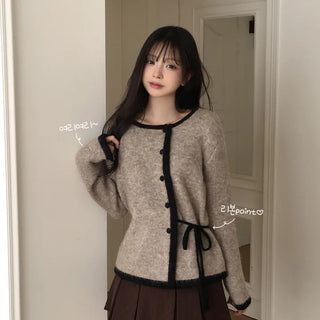 Guaranteed beauty, Thick color-block round neck waist ribbon strap delicate fit knit cardigan
