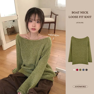 Full of innocence, Thick Lip Neck One-Off Shoulder Delicate Avant-garde Loose Fit Long Sleeve Knit