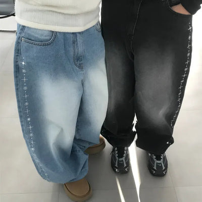 Balloon Wide Denim Pants with Side Stud Details