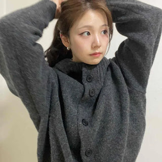 High-neck Button Hooded Knit Cardigan