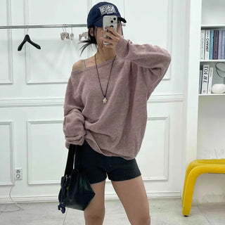 Casual Street Boat Neck Off-Shoulder Knit