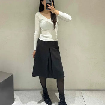 Wool pleated A-line midi skirt